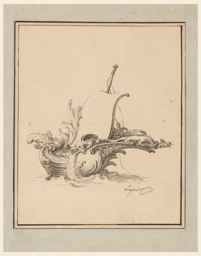 Rysunek, projekt rozety w formie łodzi z żaglem, dla Recueil Nouveau de Differens Cartouches, 1734 r. autorstwa Jacques de Lajoüe