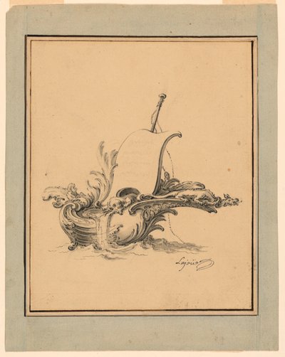 Rysunek, projekt rozety w formie łodzi z żaglem, dla Recueil Nouveau de Differens Cartouches, 1734 r. autorstwa Jacques de Lajoüe