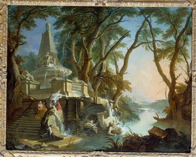 Układa się pejzaż czyli „rzeka” Fontanna piramidalna z rozbitą rzeźbą Neptuna. Obraz Jacquesa de Lajoue (1686-1761) XVIII w. Niedz. 0,81 x 1,01 m² autorstwa Jacques de Lajoüe
