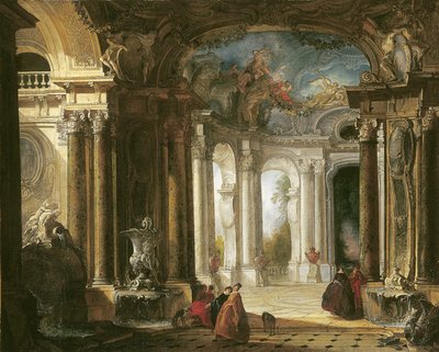 Wnętrze barokowego pałacu z eleganckim towarzystwem rozmawiającym przy fontannach autorstwa Jacques de Lajoüe