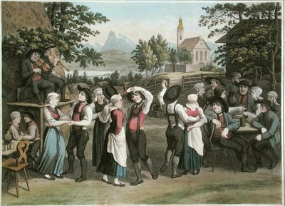 Austriacki taniec wiejski, ilustracja z "Voyage Pittoresque en Autriche" Alexandre de Laborde, wydanej w Paryżu w 1821 r. (rycina kolorowa) autorstwa Jakob (after) Gauermann