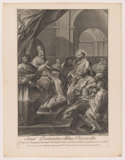 Heilige Bernardus van Clairvaux voor paus Innocent II Saint Bernardus Opat of Clareualis (tytuł na obiekcie) autorstwa Jakob Frey (I)