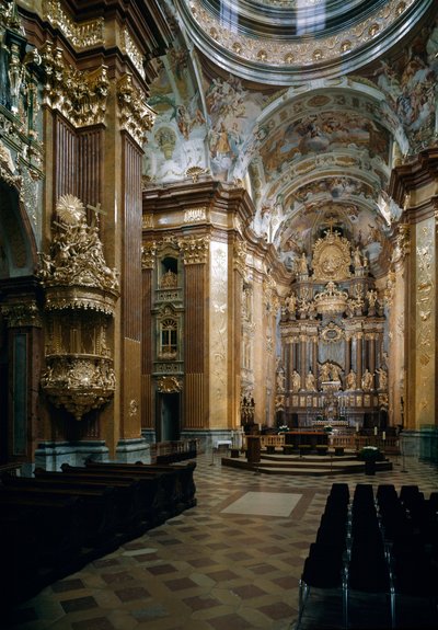 Wnętrze kościoła benedyktyńskiego w Melku projektu architekta Jakoba Prandtauera (1660-1726), freski Johanna Michaela Rottmayra (1656-1730). Melk, Austria autorstwa Jakob Prandtauer
