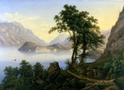Widok Bellagio na jezioro Como. 19 wiek. Obraz Jacoba Sutera. autorstwa Jakob Suter