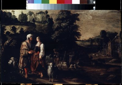 Jacob spotyka Rachel przy studni (Jacob spotyka Rachel przy studni). Obraz Jacobusa (Jacques) Wabbe lub Waben (aktywny w latach 1602-1634). Olej na drewnie, 38 x 62,5 cm autorstwa Jakob Wabbe