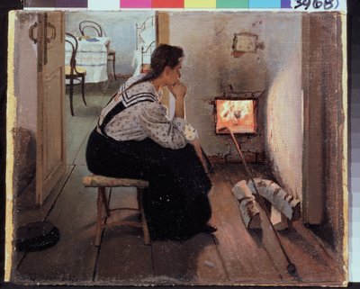 ""Myśli przy piecu"" (Myśli przy piecu) Młoda kobieta siedzi zamyślona przed kominkiem. Malarstwo Jakova Kaliniczenki (1869-1938) 1897 Państwowe Regionalne Muzeum Sztuki im. I. Pozhalostina, Riasan autorstwa Jakoff Jakovlevitch Kalinitchenko