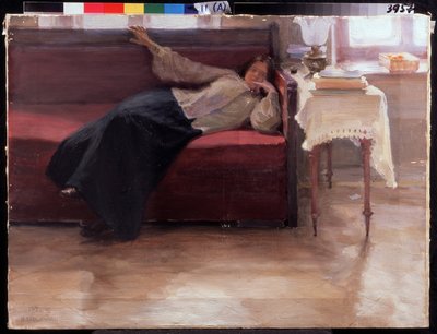 ""Dreams"" zamyślona młoda dziewczyna leżąca na kanapie. Malarstwo Jakova Kaliniczenki (1869-1938) 1904 Państwowe Regionalne Muzeum Sztuki im. I. Pozhalostina, Riasan autorstwa Jakoff Jakovlevitch Kalinitchenko