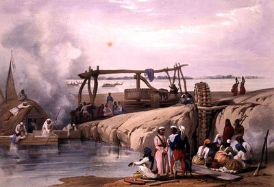 Scena nad rzeką Sutlej w Pendżabie ze „Szkiców w Afganistanie”, rytowana przez Charlesa Haghe (1810-88) i Louisa Haghe (1806-85) wydana przez Henry