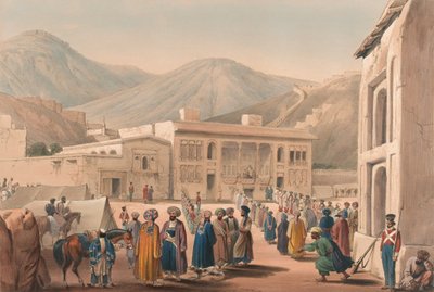„Durbar-Khaneh z Shah Shoojah-ool-Moolk, w Cabaul [sic]”, ok. 1840 (litografia, zabarwiona) autorstwa James (after) Atkinson