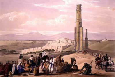 Twierdza i Cytadela Ghunzee i Dwa Minary, ze „Szkiców w Afganistanie”, rytowane przez Charlesa Haghe (1810-88) i Louisa Haghe (1806-85) wydane przez Henry