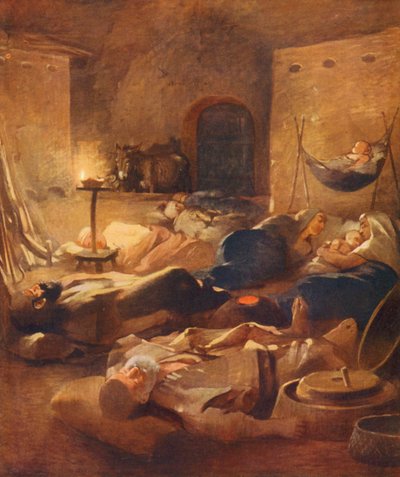 Ziemia Święta: Wnętrze domu Fellahheen nocą (kolorowa litografia) autorstwa James (after) Clark