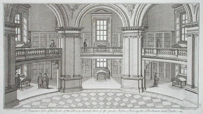 Widok wnętrza, z „Plany, sekcje i elewacje Biblioteki Radcliffe”, grawerowane przez Pierre