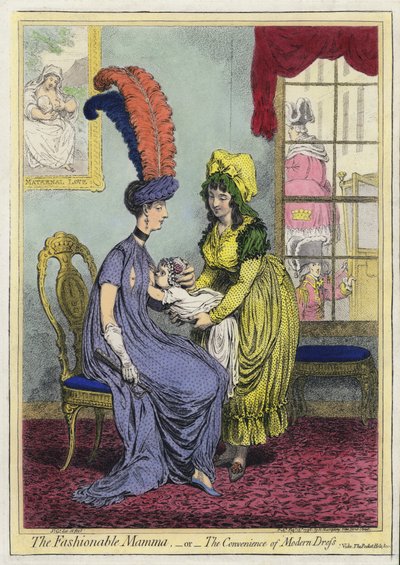 Karmienie piersią, Fashional Mamma, czyli Convenience of Modern Dress (kolorowy grawerunek) autorstwa James (after) Gillray