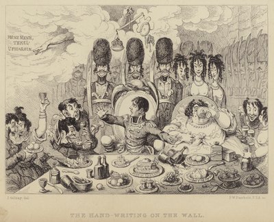 Pismo na ścianie: parodia uczty Belszazzara przedstawiająca Napoleona i jego żonę Józefinę autorstwa James (after) Gillray