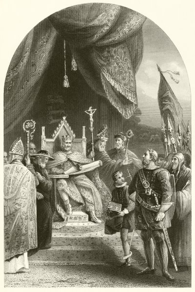Król Jan pieczętujący Magna Charta (grafika) autorstwa James (after) Lonsdale