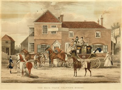 Pocztowy trener zmieniający konie, c.1825 (grawerowanie) autorstwa James (after) Pollard