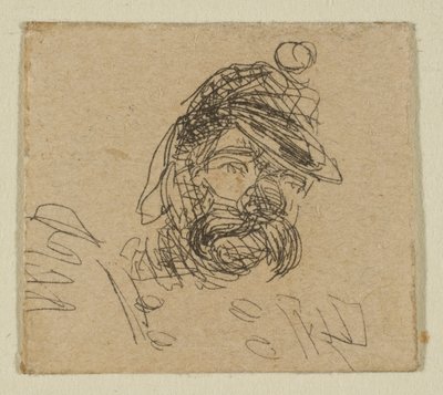 Brodaty mężczyzna w żołnierskiej czapce z „Szkiców na tablicy pomiarowej wybrzeża”, 1854-55. autorstwa James Abbott McNeill Whistler