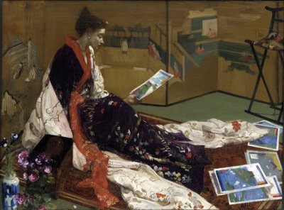 ""Caprice in purple and gold: the golden screen"" Młoda kobieta ubrana po japońsku w kimono, patrząca na grafiki - (Japanism) Obraz Jamesa Abbotta McNeilla Whistlera (1834-1903) 1864 Freer Gallery of Art, Waszyngton, Stany Zjednoczone autorstwa James Abbott McNeill Whistler