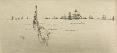 Zanurzanie flagi, z zestawu dwunastu akwafort zatytułowanych The Naval Review, 1887 autorstwa James Abbott McNeill Whistler