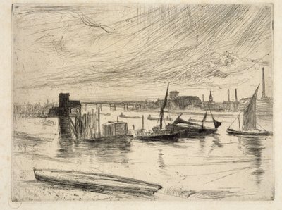 Wczesny poranek, Battersea, 1861 (sucha igła) autorstwa James Abbott McNeill Whistler