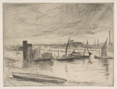 Wczesny poranek, Battersea Battersea Dawn Cadogan Pier, 1861. autorstwa James Abbott McNeill Whistler