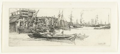 Pakhuizen aan de Theems Magazyny Tamizy Szesnaście rycin przedstawiających sceny nad Tamizą i inne tematy (tytuł serii) autorstwa James Abbott McNeill Whistler
