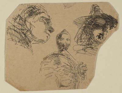 Dwie kobiece głowy i stojąca postać ze szkiców na płycie badawczej wybrzeża, 1854-55. autorstwa James Abbott McNeill Whistler