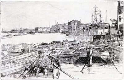 Widok na Tamizę, nad basenem londyńskim (Anglia), w 1859 roku, należy do serii rycin na Tamizie, które podkreślają społeczność pracowników morskich w stolicy Anglii autorstwa James Abbott McNeill Whistler