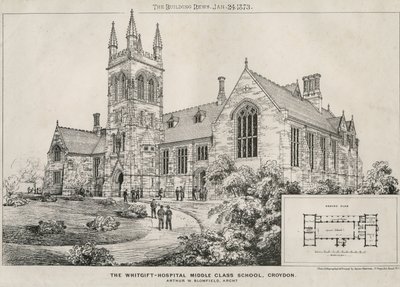 Szkoła średnia szpitala Whitgift, Croydon, 1873 r. autorstwa James Akerman