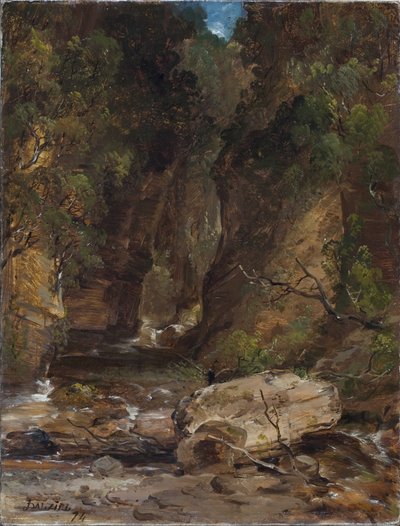 Skały i drzewa ze strumieniem autorstwa James B. Dalziel
