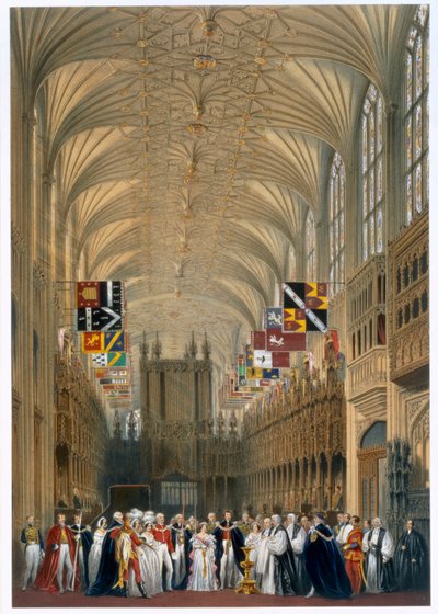 Królowa Wiktoria i książę Albert na nabożeństwie w kaplicy św. Jerzego w zamku Windsor, 1838 r autorstwa James Baker Pyne
