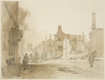 Ruiny Mansion House i Custom House na Queen Square po zamieszkach (ołówek i akwarela na papierze) autorstwa James Baker Pyne