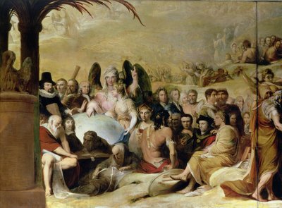 Elysium lub The State of Final Retribution, szósty z serii The Progress of Human Culture and Knowledge c.1777-84, szczegóły naukowców i filozofów patrzących na Globus (patrz al. autorstwa James Barry