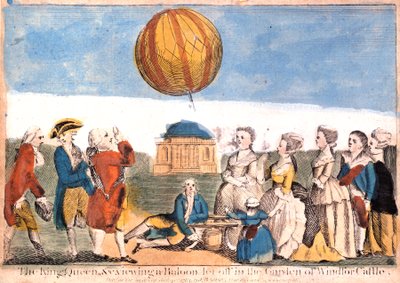 „Król, królowa itp. oglądają balon wypuszczony w ogrodzie zamku Windsor” autorstwa James Basire