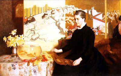 Dama z japońskim parawanem i złotą rybką (Portret matki artysty) autorstwa James Cadenhead