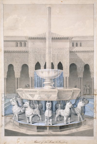 Fontanna na Dworze Lwów, Alhambra, z Arabskich Starożytności Hiszpanii, opublikowana w 1815 r. (ręcznie kolorowana grawerunek) autorstwa James Cavanagh Murphy