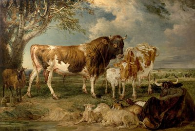 Byk, krowa i cielę w krajobrazie, 1837 autorstwa James Charles Ward