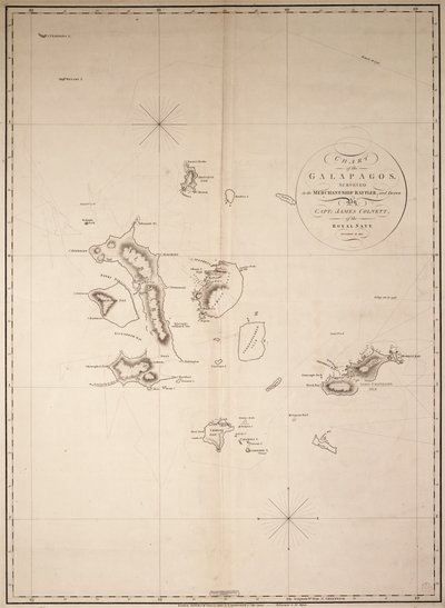 Mapa Galapagos, zbadana na statku handlowym "Rattler" i narysowana przez kapitana Jamesa Colnetta z Królewskiej Marynarki Wojennej. Poprawki do roku 1832. autorstwa James Colnett