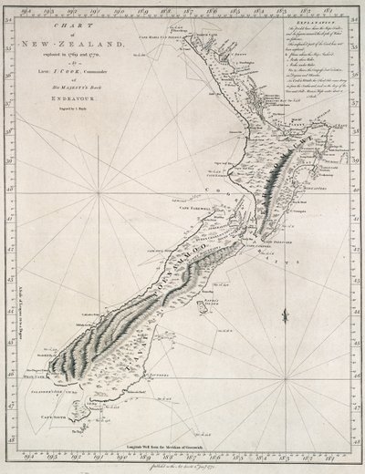 Mapa Nowej Zelandii, eksplorowanej w latach 1769 i 1770 przez porucznika J. Cooka, dowódcę statku Jego Królewskiej Mości Endeavour autorstwa James Cook