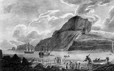 Wyspa Kerguelen, widok na zatokę Bożego Narodzenia, rysunek Williama Hodgesa, rycina Williama Wattsa, ilustracja z „Podróży w stronę bieguna południowego” i „Round World” autorstwa Jamesa Cooka (1728-1779), wydanie opublikowane w Paryżu w 1778 r. autorstwa James Cook