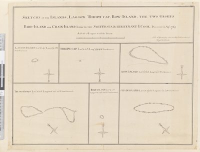 iii. Szkice wysp Lagoon, Thrum-Cap, Bow-Island, Dwóch Grup, Bird Island i Chain Island, leżące na południu, Morze... odkryte w Apl 1769 autorstwa James Cook