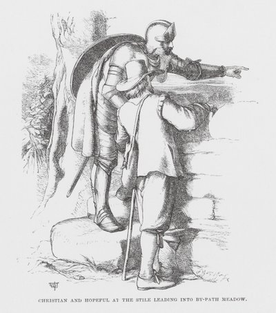 Christian i Hopeful przy palu prowadzącym do By-Path Meadow (rycina) autorstwa James Dawson Watson
