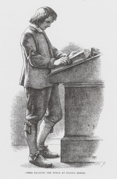 Jakub czytający Biblię w domu Gajusza (rycina) autorstwa James Dawson Watson