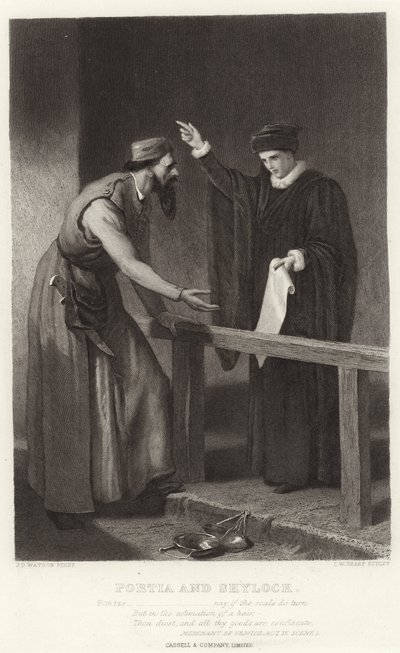 Portia i Shylock, kupiec wenecki, akt IV, scena I autorstwa James Dawson Watson