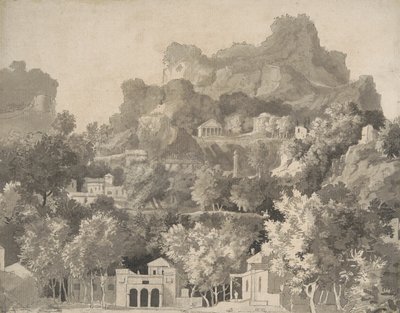 Skalisty krajobraz z klasycznymi budynkami, ok. 1745 (pióro i atrament z praniem na papierze) autorstwa James Deacon
