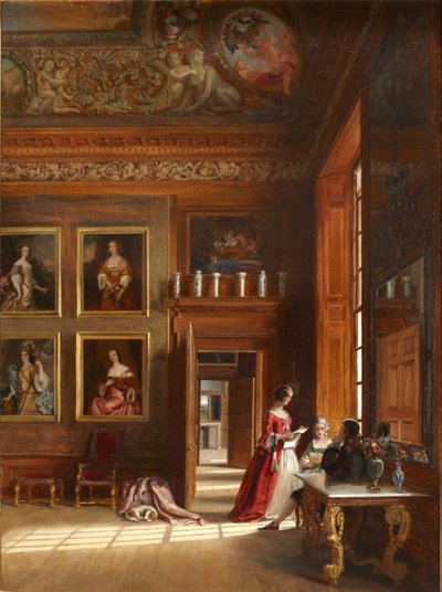 Romantyczny widok Wielkiej Sypialni Króla z grupą ludzi w XVII-wiecznych strojach, ok. 1703-05 (olej na płótnie) autorstwa James Digman Wingfield