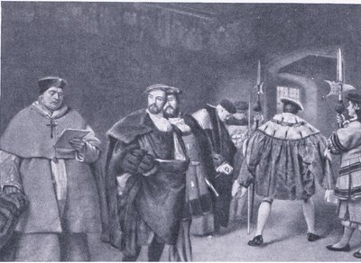Zwolnienie kardynała Wolseya przez króla Henryka VIII z Cassells History of the British People opublikowanej przez Waverley Book Company, c. 1950 autorstwa James Dromgole Linton