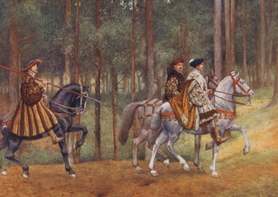 Kupiec wenecki Szekspira: Bassanio i Gratiano (kolorowa litografia) autorstwa James Dromgole Linton