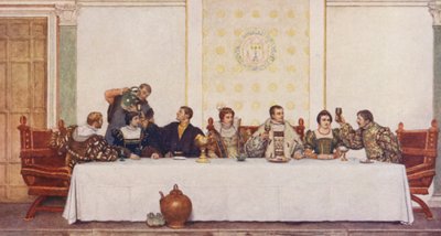 Kupiec wenecki Szekspira: Lorenzo, Jessica, Antonio, Portia, Bassanio, Nerissa i Gratiano (kolorowa litografia) autorstwa James Dromgole Linton