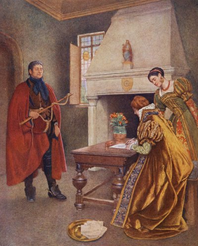 Kupiec wenecki Szekspira: Portia, Nerissa i Baltazar (kolorowa litografia) autorstwa James Dromgole Linton